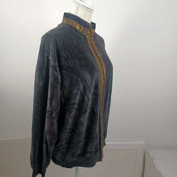 Vintage SK Sport Velour Jacket Medium Black -70s -Gold Greek Accent -Zip Up - Picture 2 of 14
